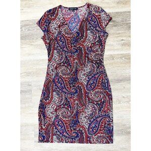 Jones New York Sz M Red Blue Paisley Print Faux Wrap Dress Slinky Stretch